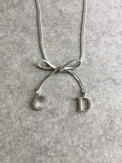 Christian Dior CD Logo Ribbon Necklace Silver Vintage xxdfsh