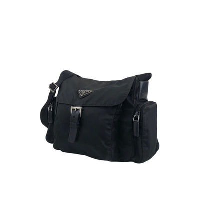 PRADA Tessuto Triangle Logo Front Buckle Side Pocket Shoulder bag Black Vintage 5whkzb