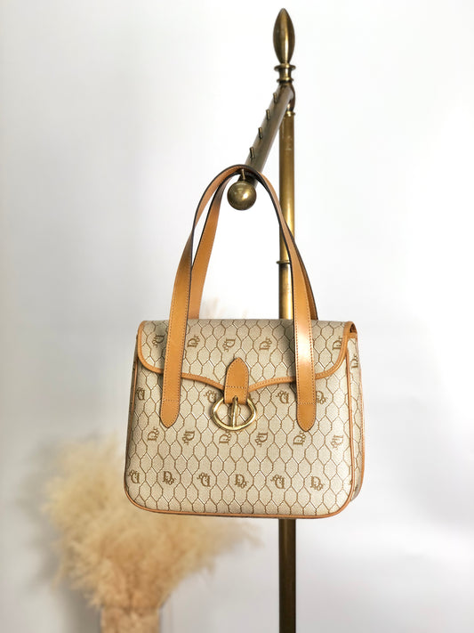 Christian Dior Honeycomb Pattern Handbag Beige Vintage 64sff4