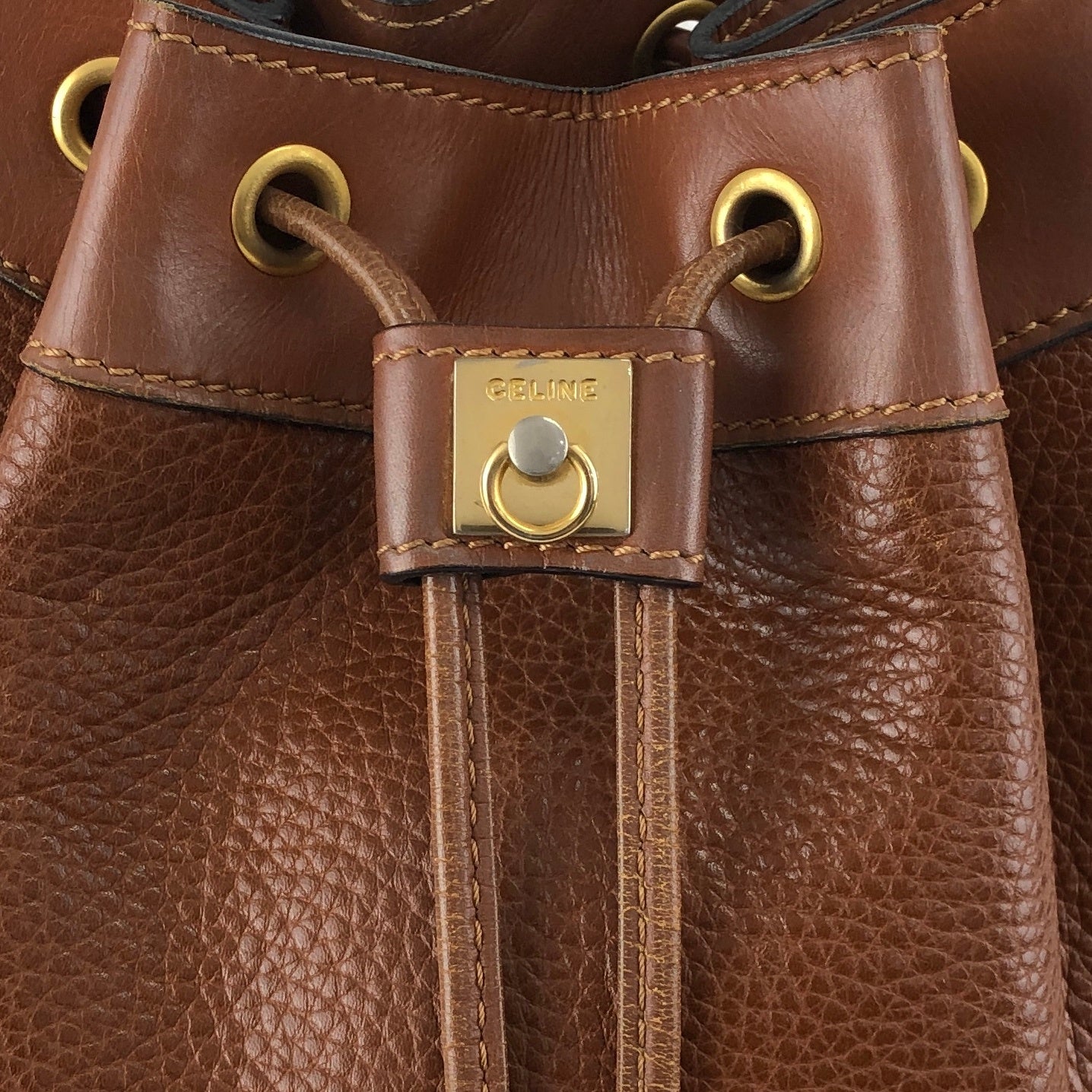 CELINE Gancini Drawstring Shoulder bag Brown Vintage 4uzkb3