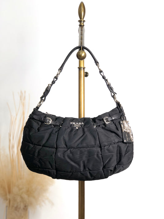 PRADA Logo Shoulder bag Hobobag Black Vintage kut77d