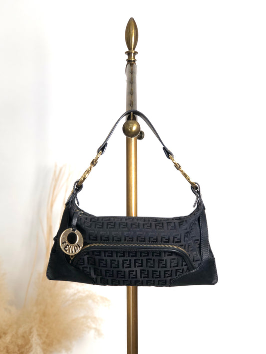 FENDI Zucca Logo Charm Shoulder bag Black Vintage j5ktnr