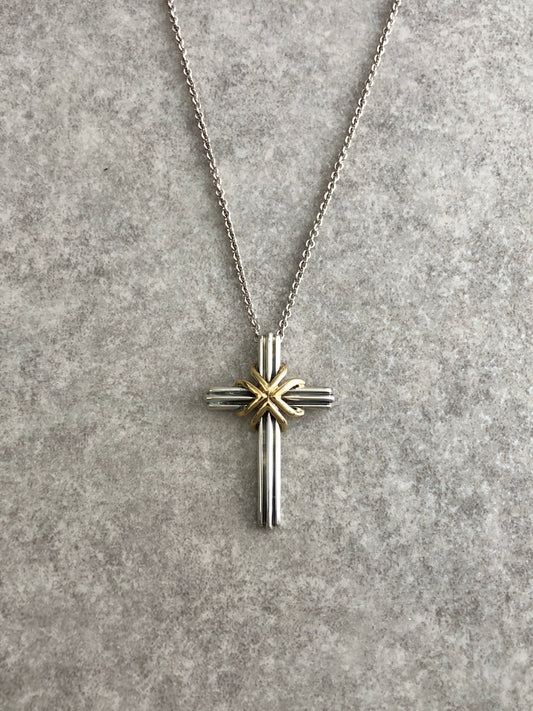 Tiffany & Co. Cross Motif Necklace Silver×Gold 925/K18YG Vintage yx53pr