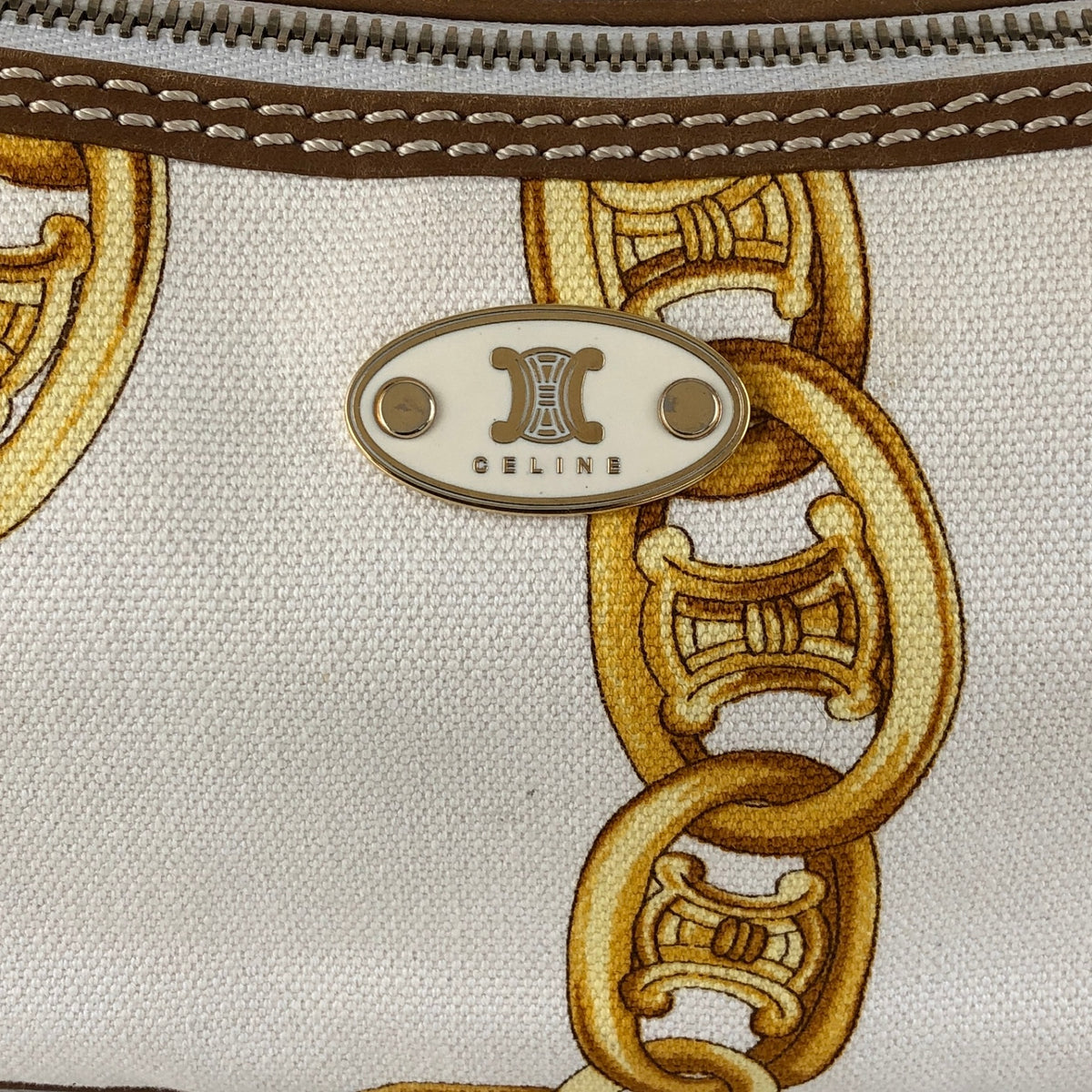 CELINE Blason Canvas Leather Handbag White Vintage vzzbsd