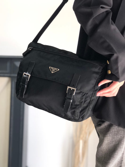 PRADA Tessuto Triangle Logo Shoulder bag Black Vintage wm6a24