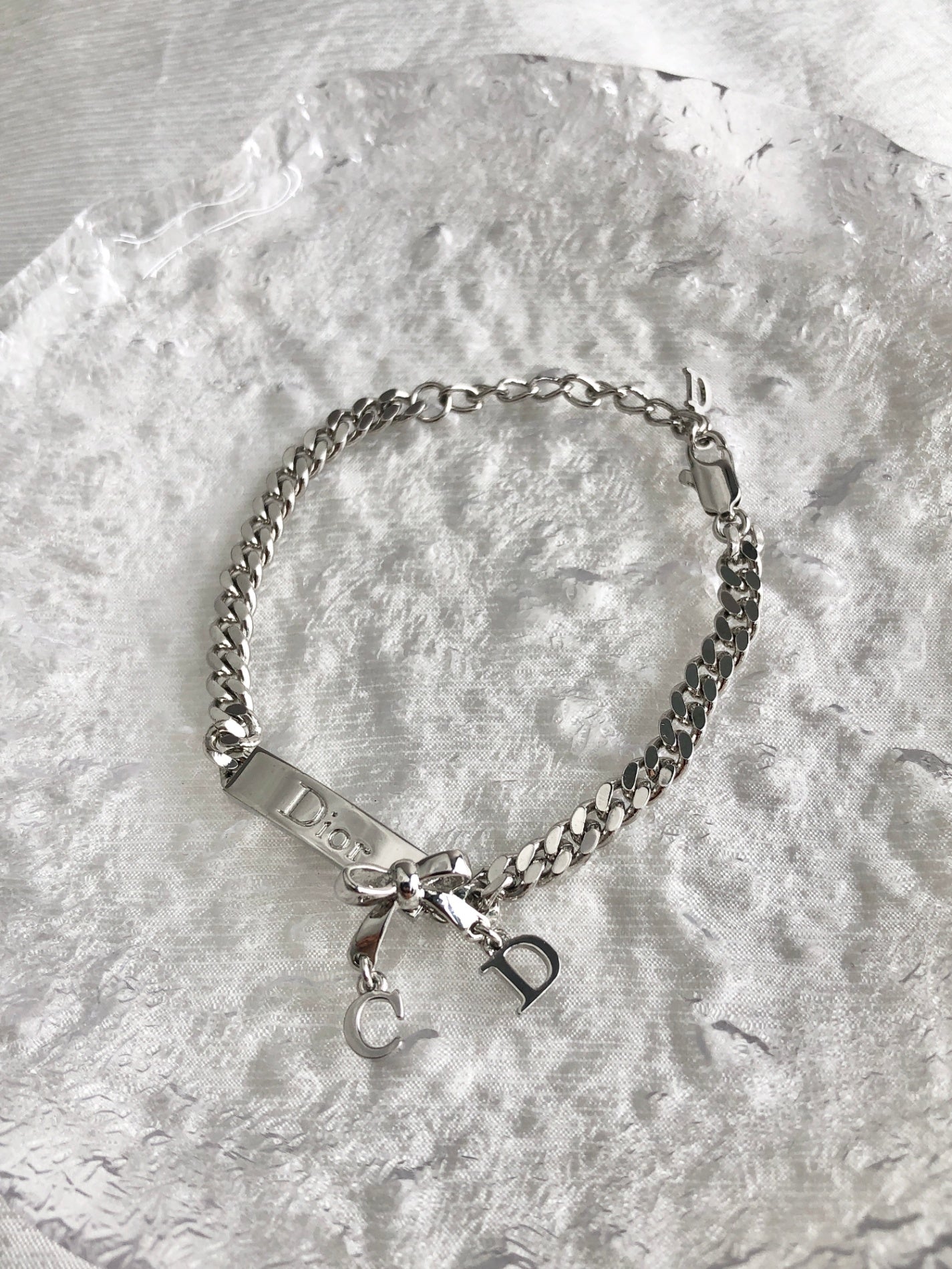 Christian Dior Logo Ribbon Motif Bracelet Silver Vintage phcs32