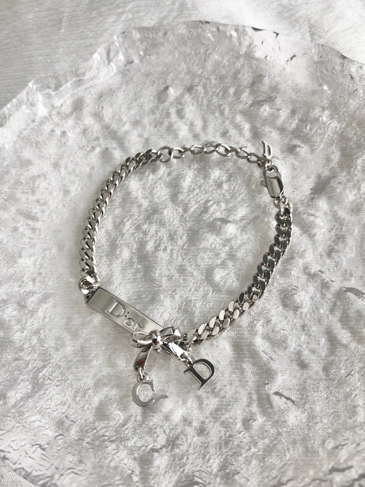 Christian Dior Logo Ribbon Motif Bracelet Silver Vintage phcs32