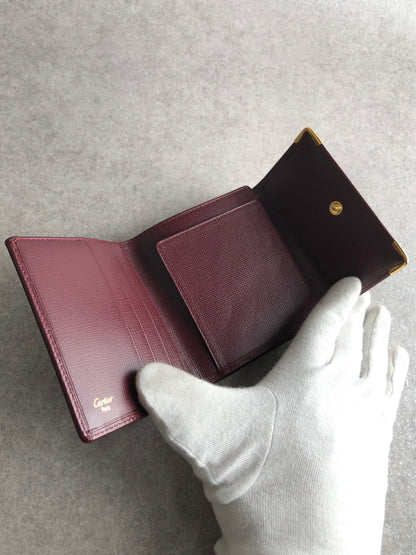 Cartier Logo Embossed Metal Clasp Trifold Wallet Bordeaux Vintage aimae8