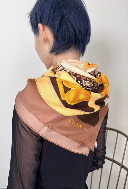 CELINE Silk Scarf Brown×Gold Vintage rj3cgj