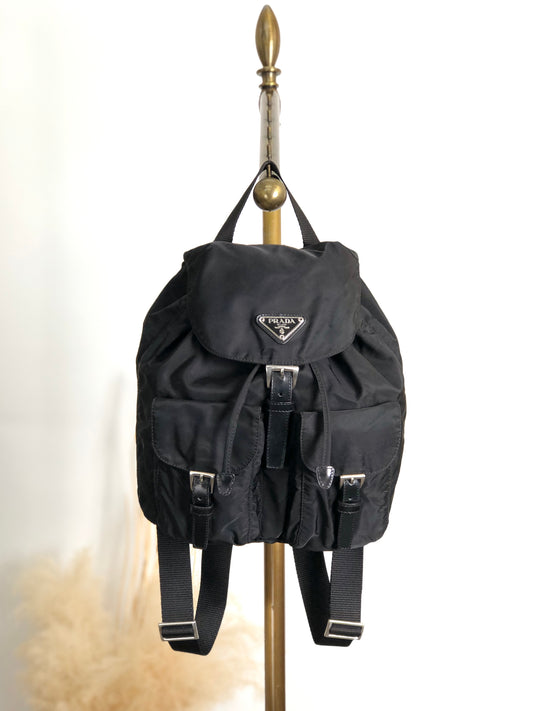 PRADA Tessuto Triangle Logo Double Pocket Backpack Black Vintage 5emm2a