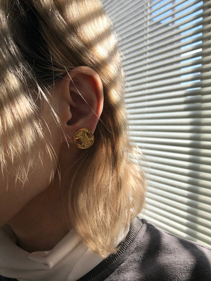 CELINE Blason Earrings Gold Vintage wi7hxx