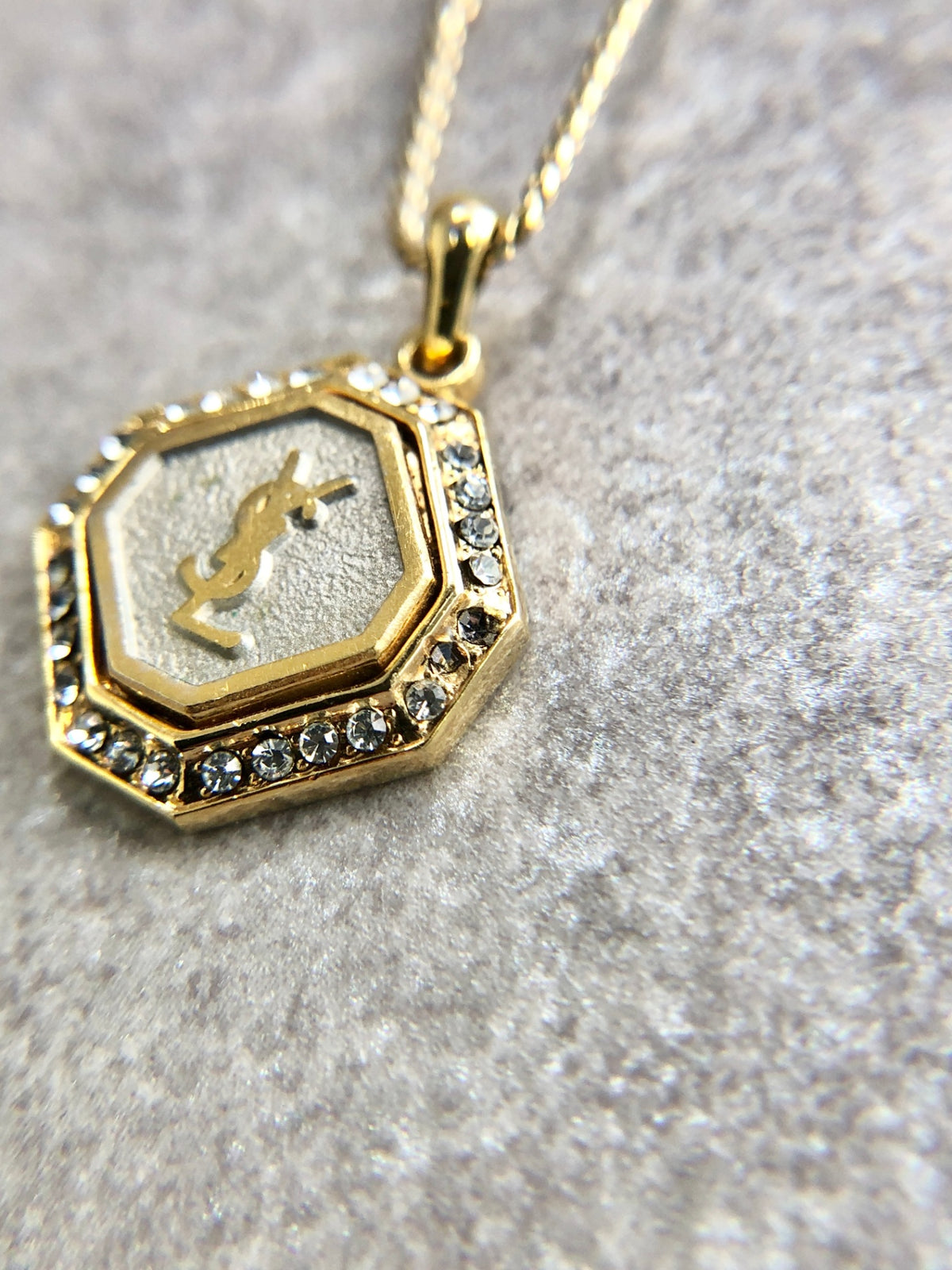 Yves Saint Laurent YSL Logo Rhinestone Necklace Gold Vintage p333yw