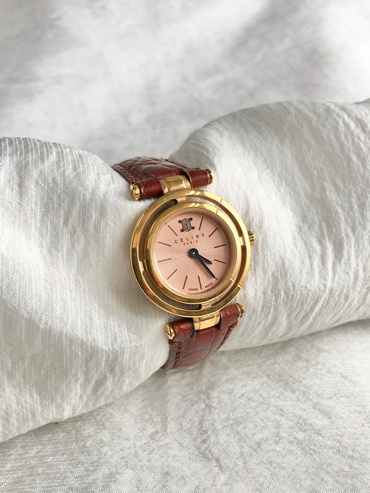 CELINE MARPLE Triomphe Quartz Watch Pink×Brown Vintage u3g646
