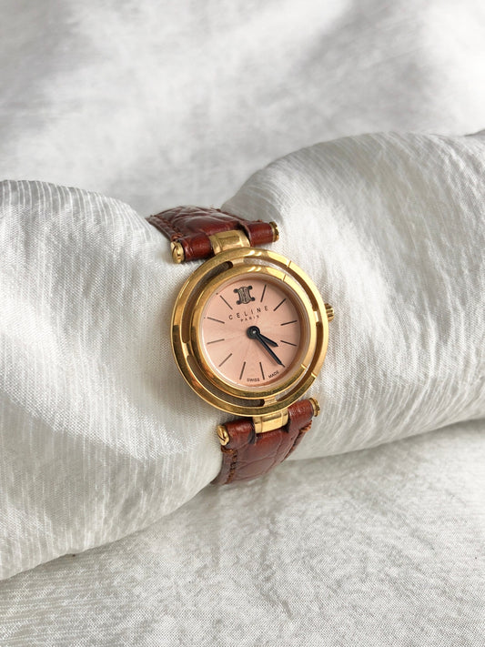 CELINE MARPLE Triomphe Quartz Watch Pink×Brown Vintage u3g646
