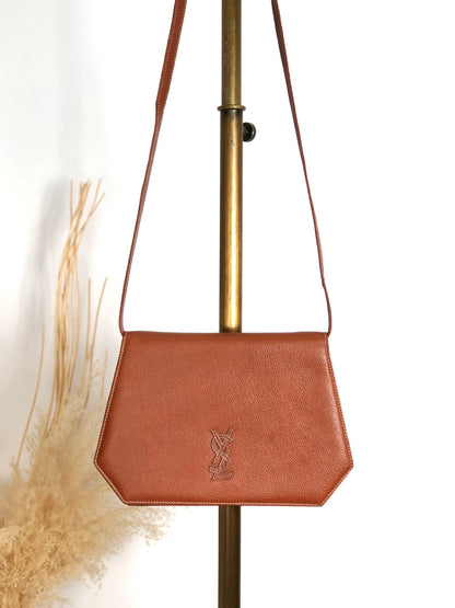Yves Saint Laurent YSL Logo Flap Shoulder bag Brown Vintage 47s5y8