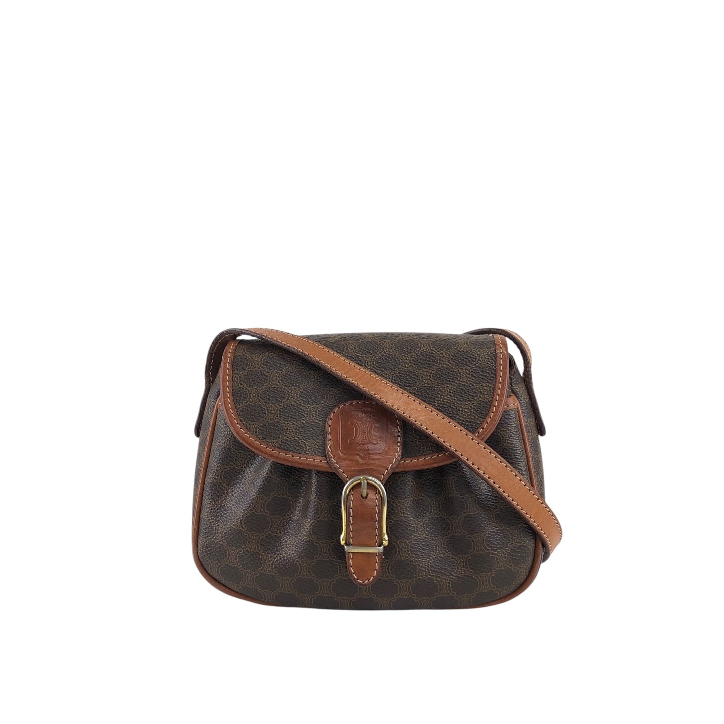 CELINE Macadam Blason Front Buckle Shoulder bag Brown Vintage iv3thu