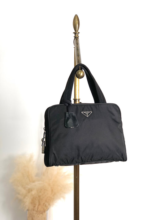 PRADA Tessuto Triangle Logo Handbag Black Vintage 47smar