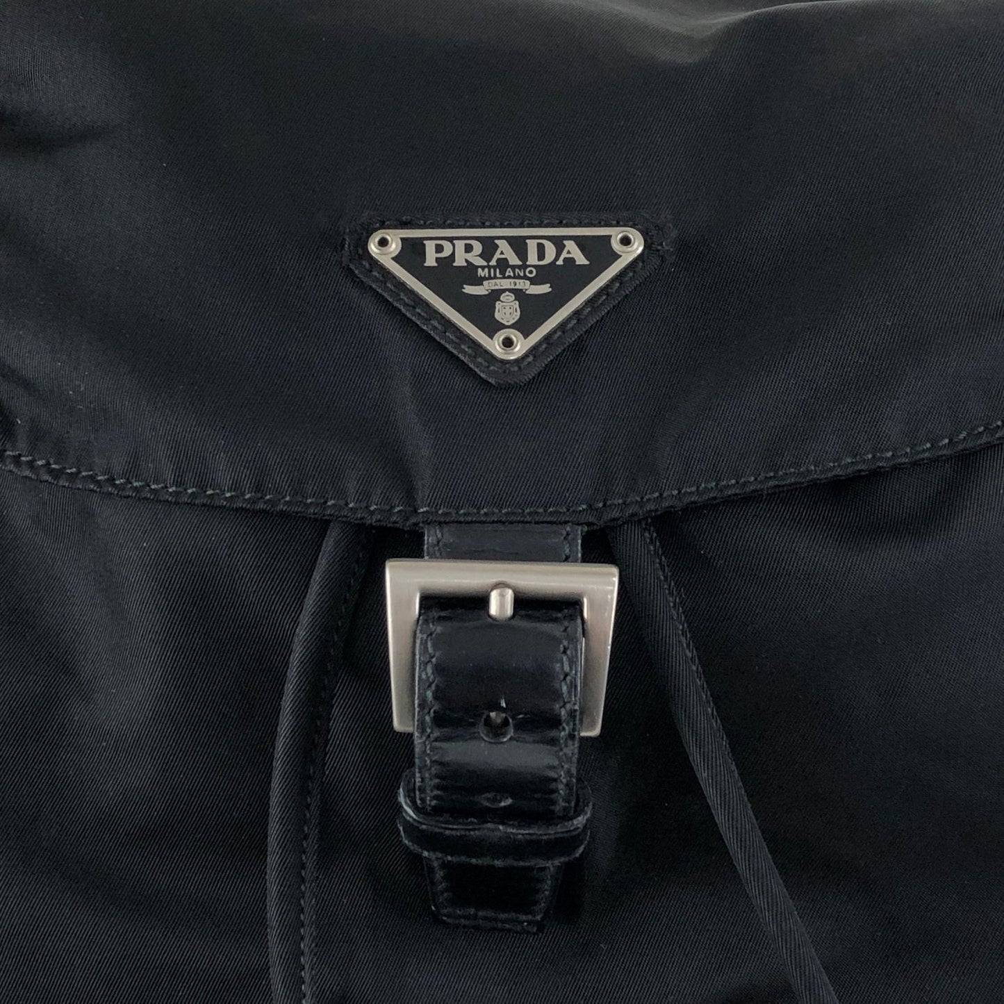 PRADA Tessuto Triangle Logo Front Buckle Backpack Black Vintage vwh35w