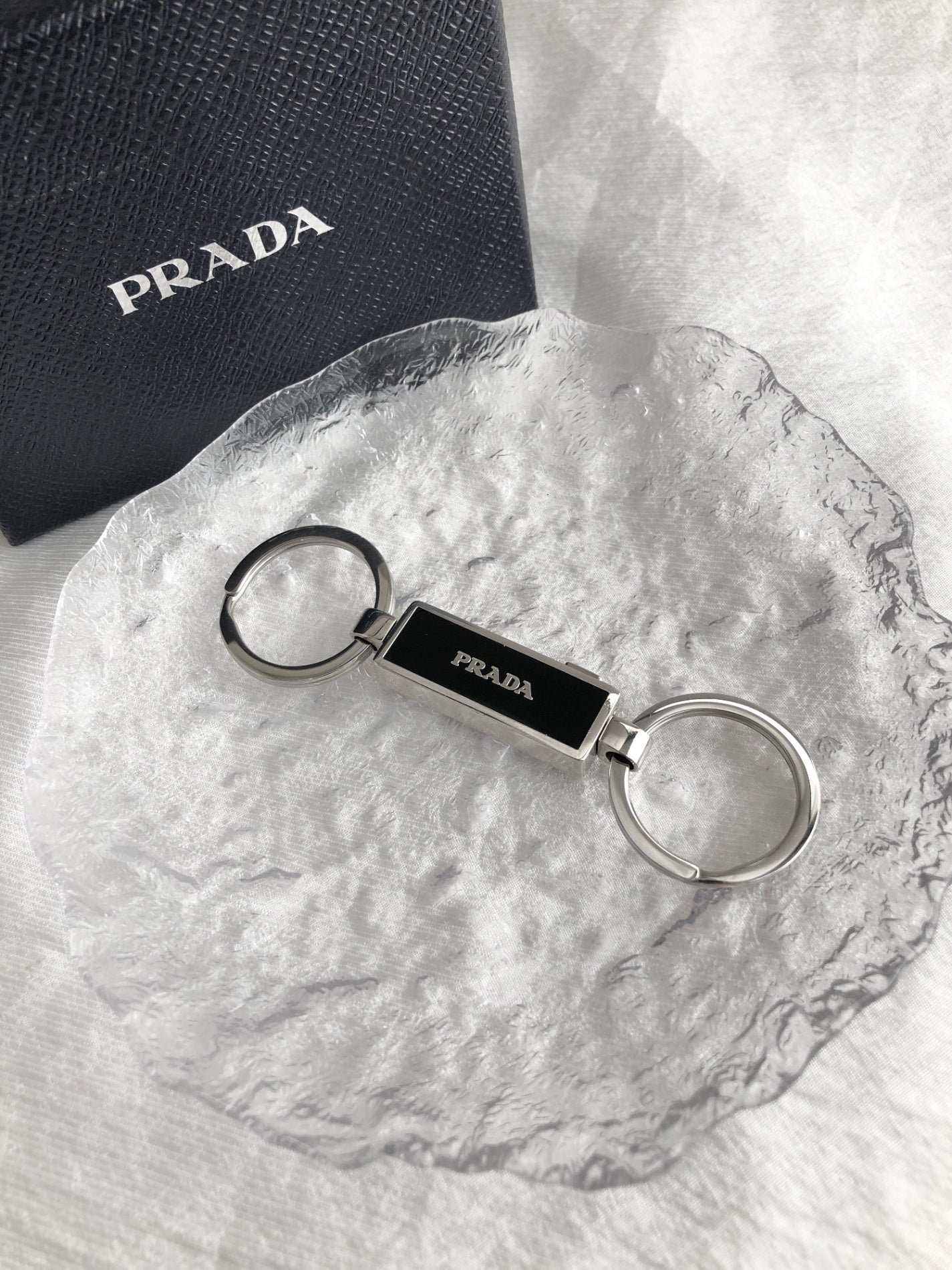 PRADA Logo Motif Key Ring Silver×Black Vintage zupz35