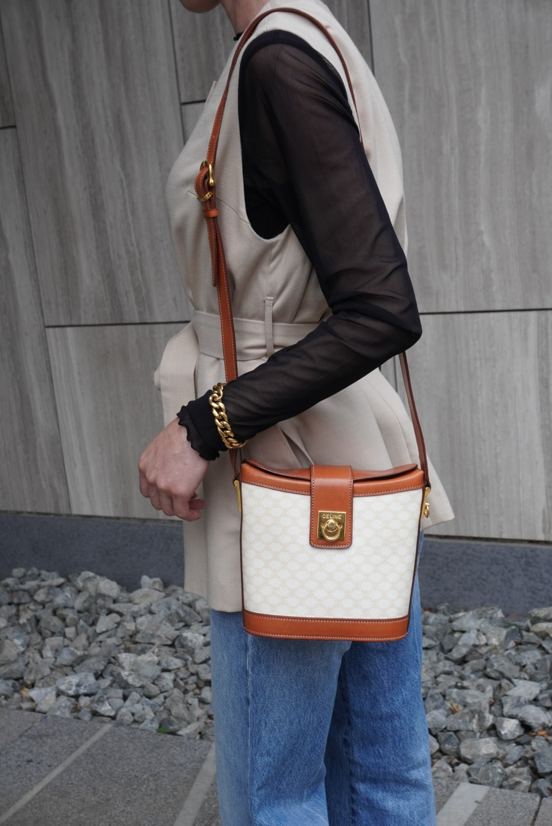 CELINE Macadam Gancini Shoulder bag White×Brown Vintage gt3h8m