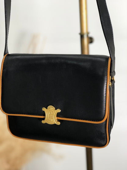 CELINE Triomphe Piping Shoulder bag Black×Brown Vintage 5hc7wn