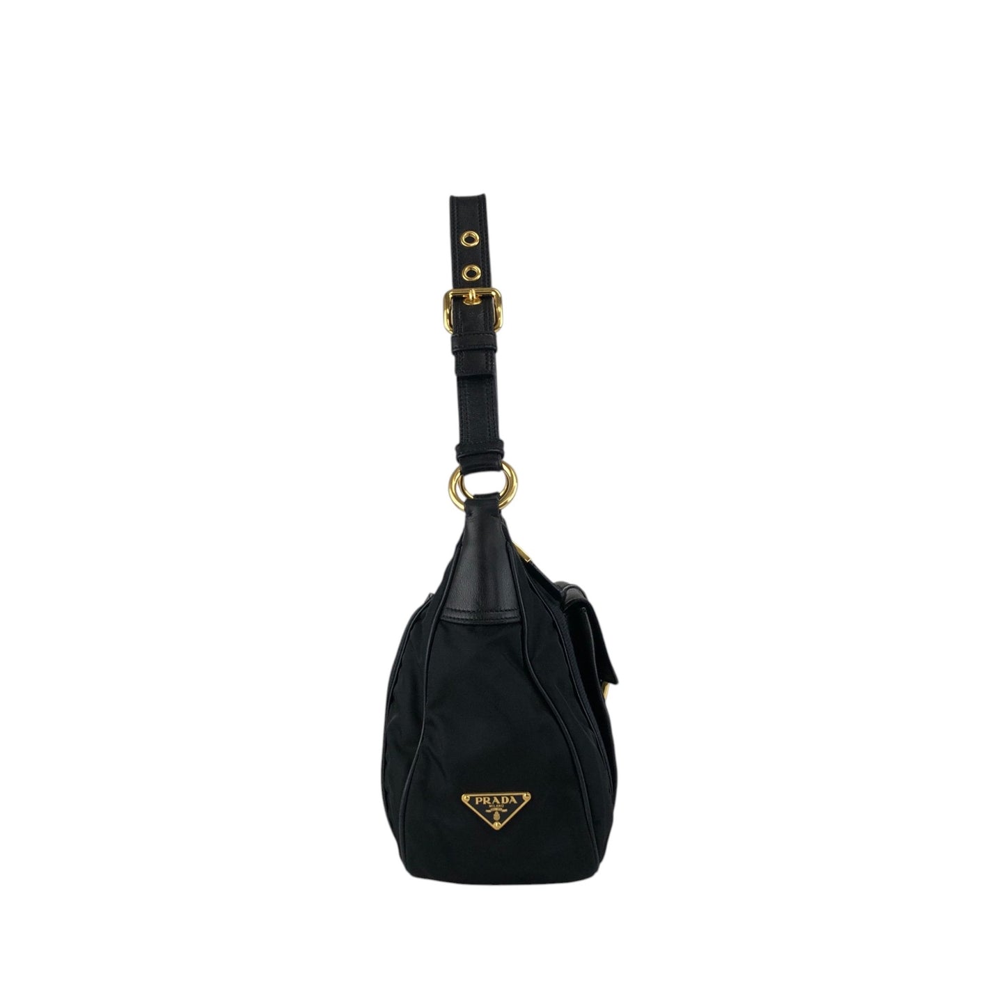 PRADA Triangle Logo Front Buckle Shoulder bag Hobobag Black Vintage kmr53p
