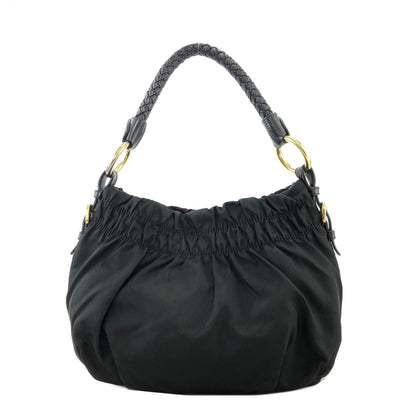 PRADA Logo Nylon Leather Shirring Handbag Black Vintage xwztuy