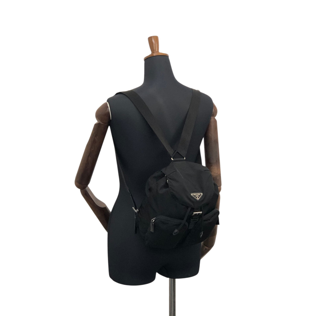 PRADA Tessuto Triangle Logo Double Pocket Backpack Black Vintage hspzjr