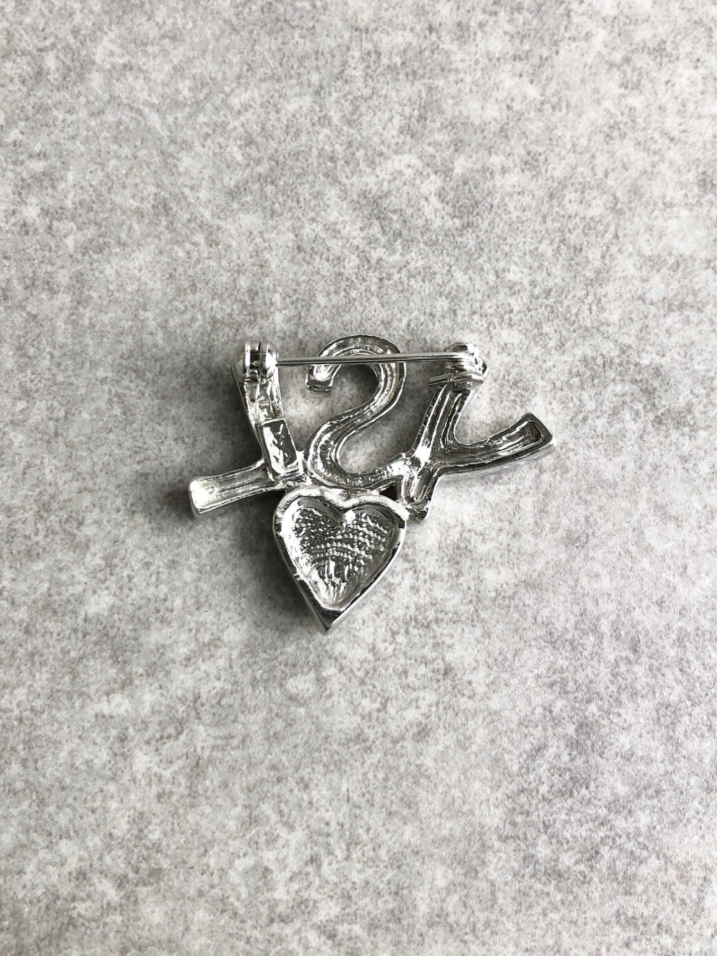 Yves Saint Laurent YSL Logo Heart Motif Rhinestone Brooch Silver Vintage 47atf4