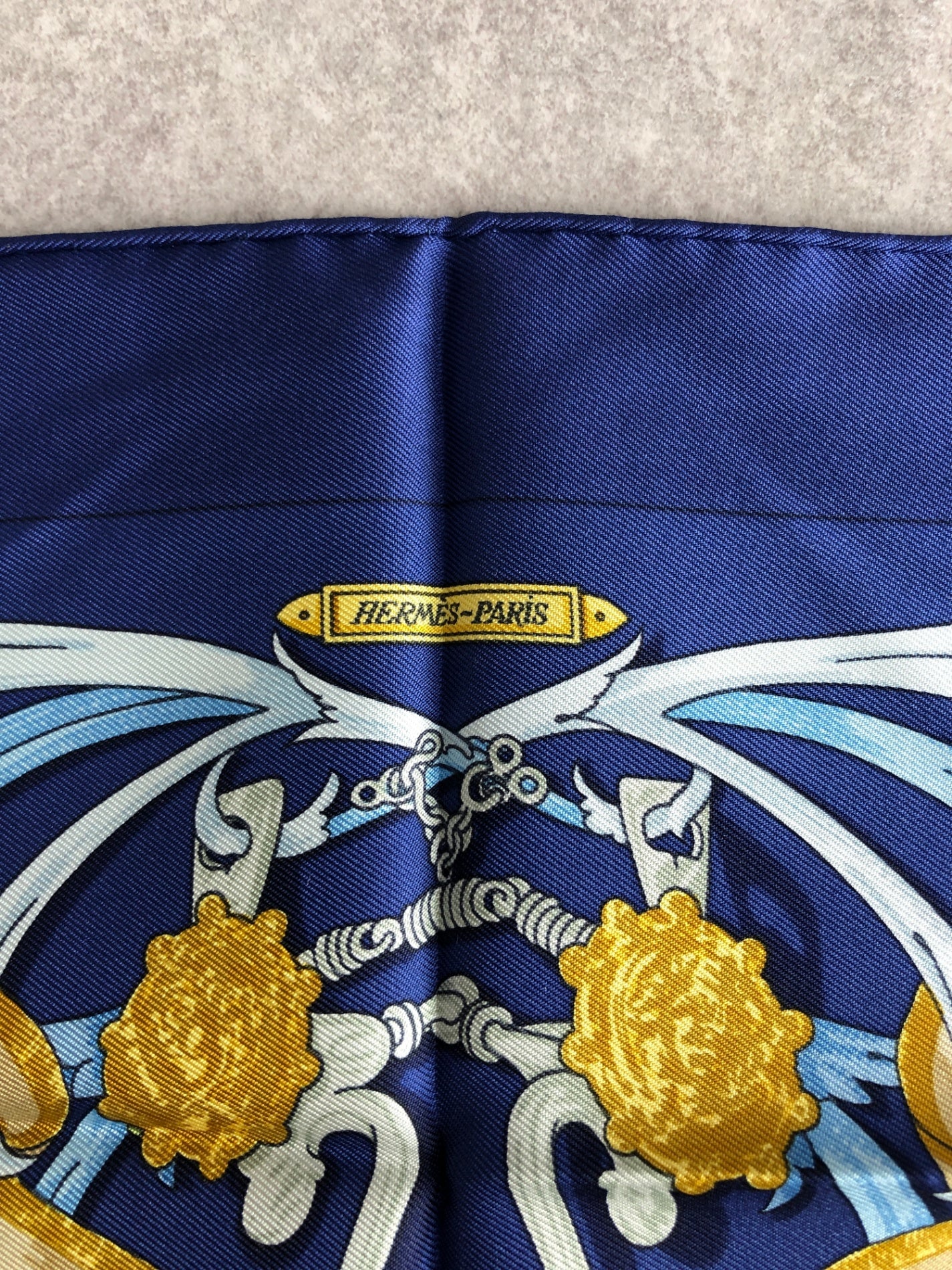 HERMES SILK Scarf Navy×Gold Le Mors à la Conetable Vintage gxjjt2