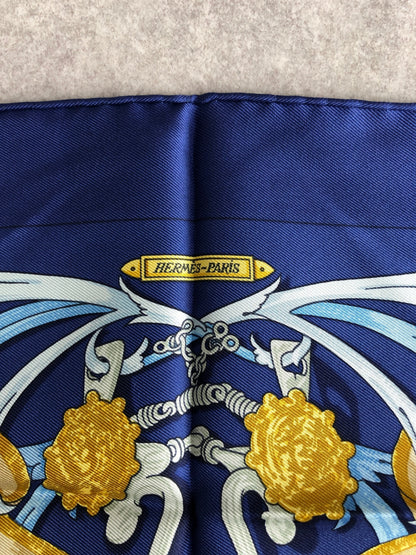 HERMES SILK Scarf Navy×Gold Le Mors à la Conetable Vintage gxjjt2