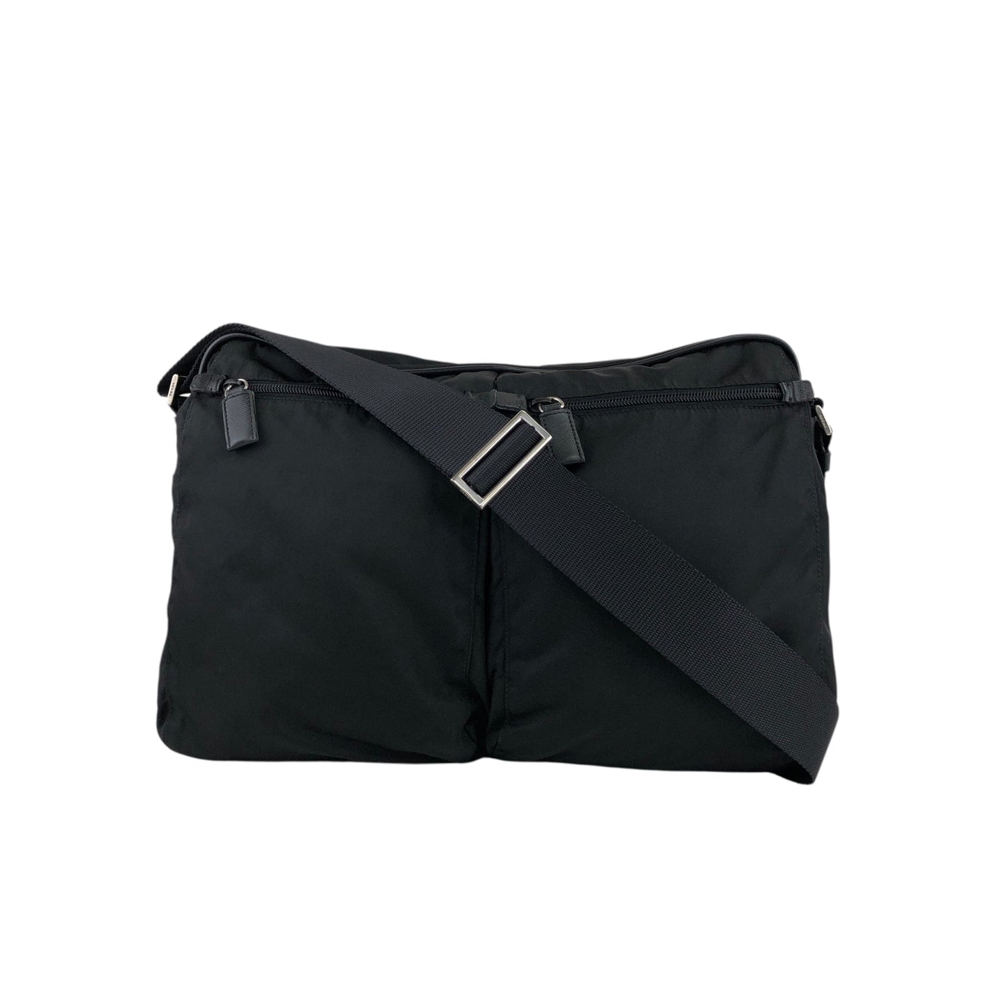 PRADA 三角形標誌雙口袋單肩包 黑色復古 nmgd27