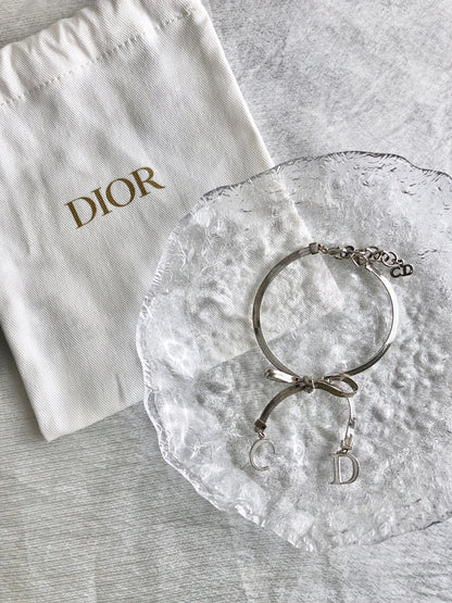 Christian Dior CD Logo Ribbon Motif Bracelet Silver Vintage p5ds86