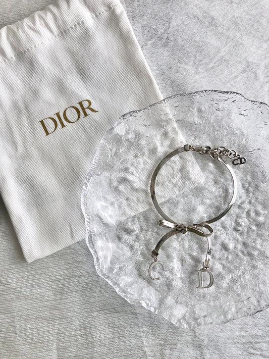 Christian Dior CD Logo Ribbon Motif Bracelet Silver Vintage p5ds86