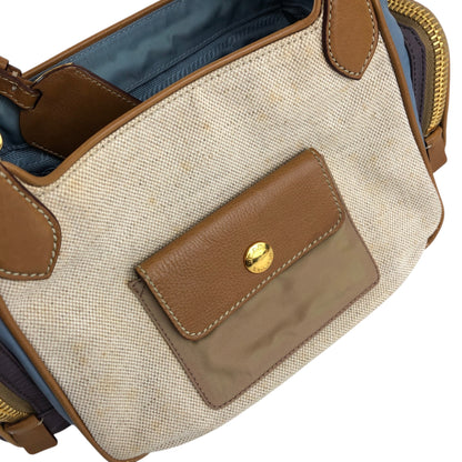 PRADA Triangle Logo Multi Pocket Handbag Totebag Beige×Blue Vintage fkki3a