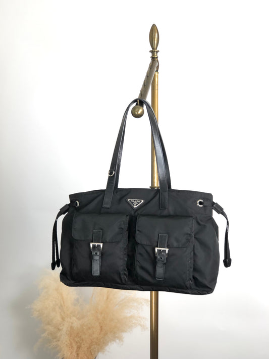 PRADA Triangle Logo Double Pocket Totebag Black Vintage xrhmgf