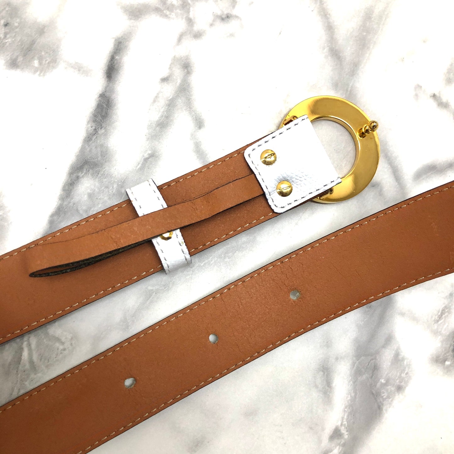 CELINE Circle Logo Leather Belt White Vintage 5absrf