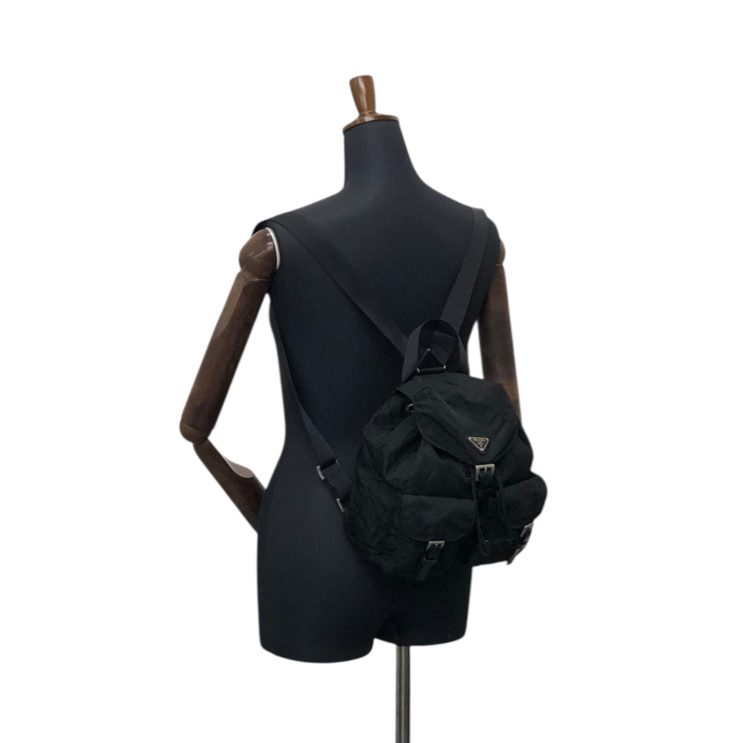 PRADA Tessuto Triangle Logo Double Pocket Backpack Black Vintage wu63sv