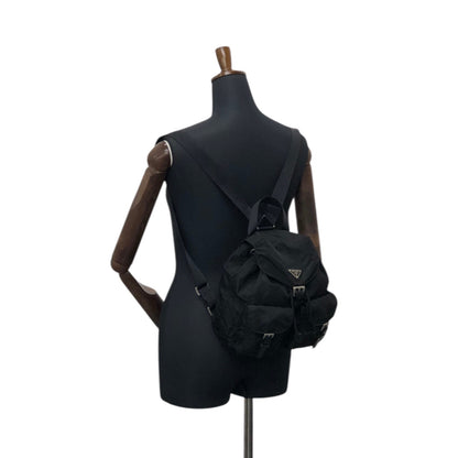 PRADA Tessuto Triangle Logo Double Pocket Backpack Black Vintage wu63sv