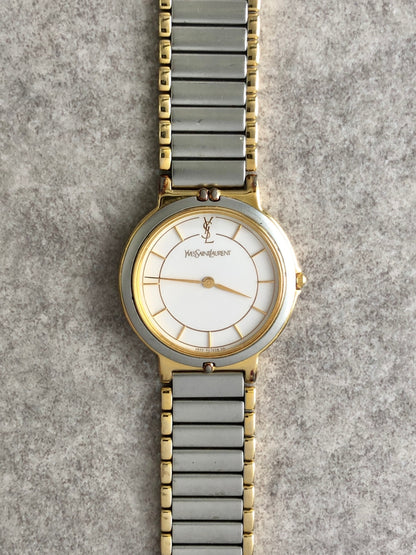 Yves Saint Laurent YSL Logo Quartz Watch Silver×Gold 2823-268440 Yo Vintage zdikrb