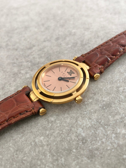CELINE MARPLE Triomphe Quartz Watch Pink×Brown Vintage u3g646