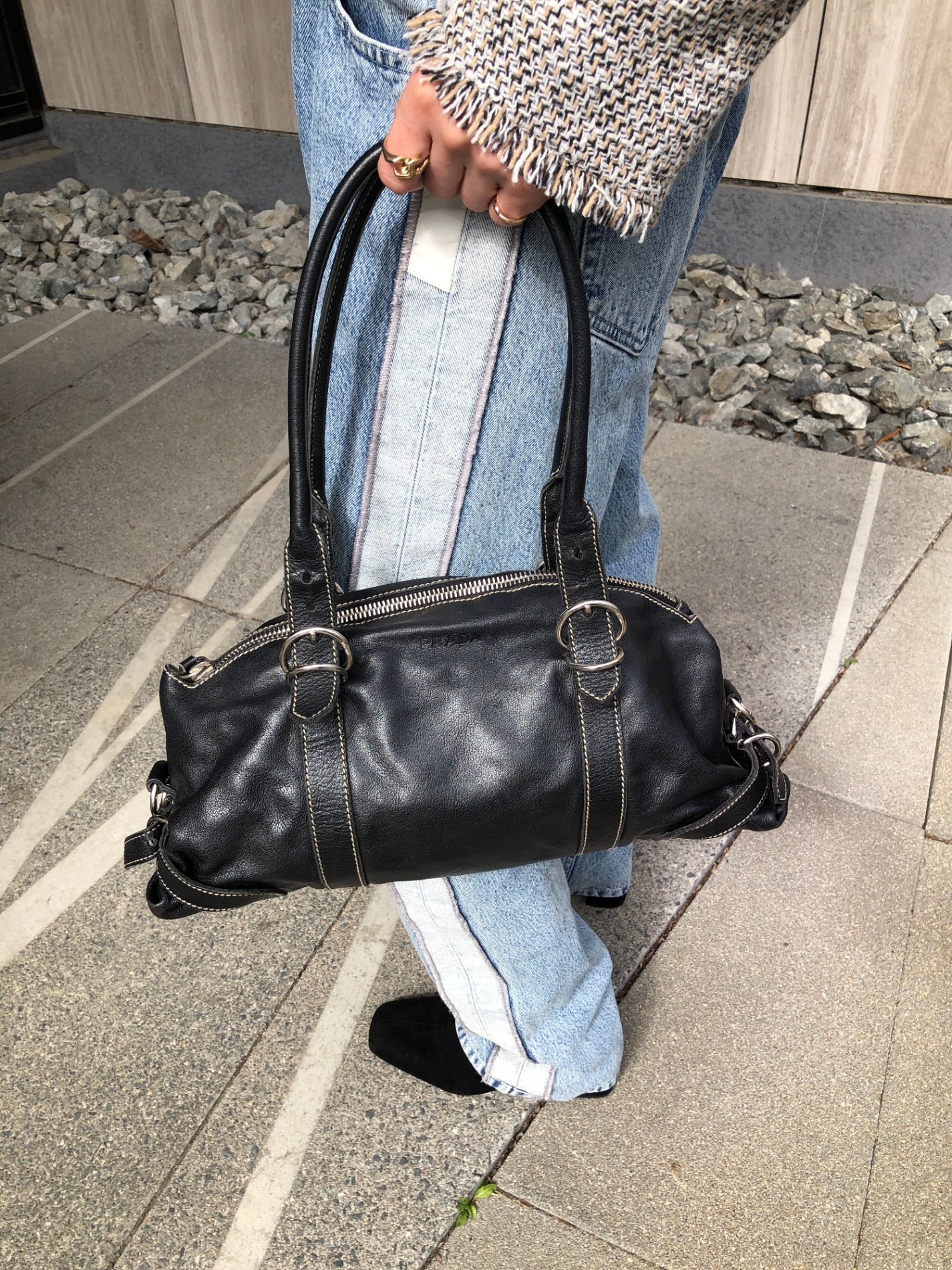 PRADA Logo Embossed Belt Handbag Black Vintage m8shz4