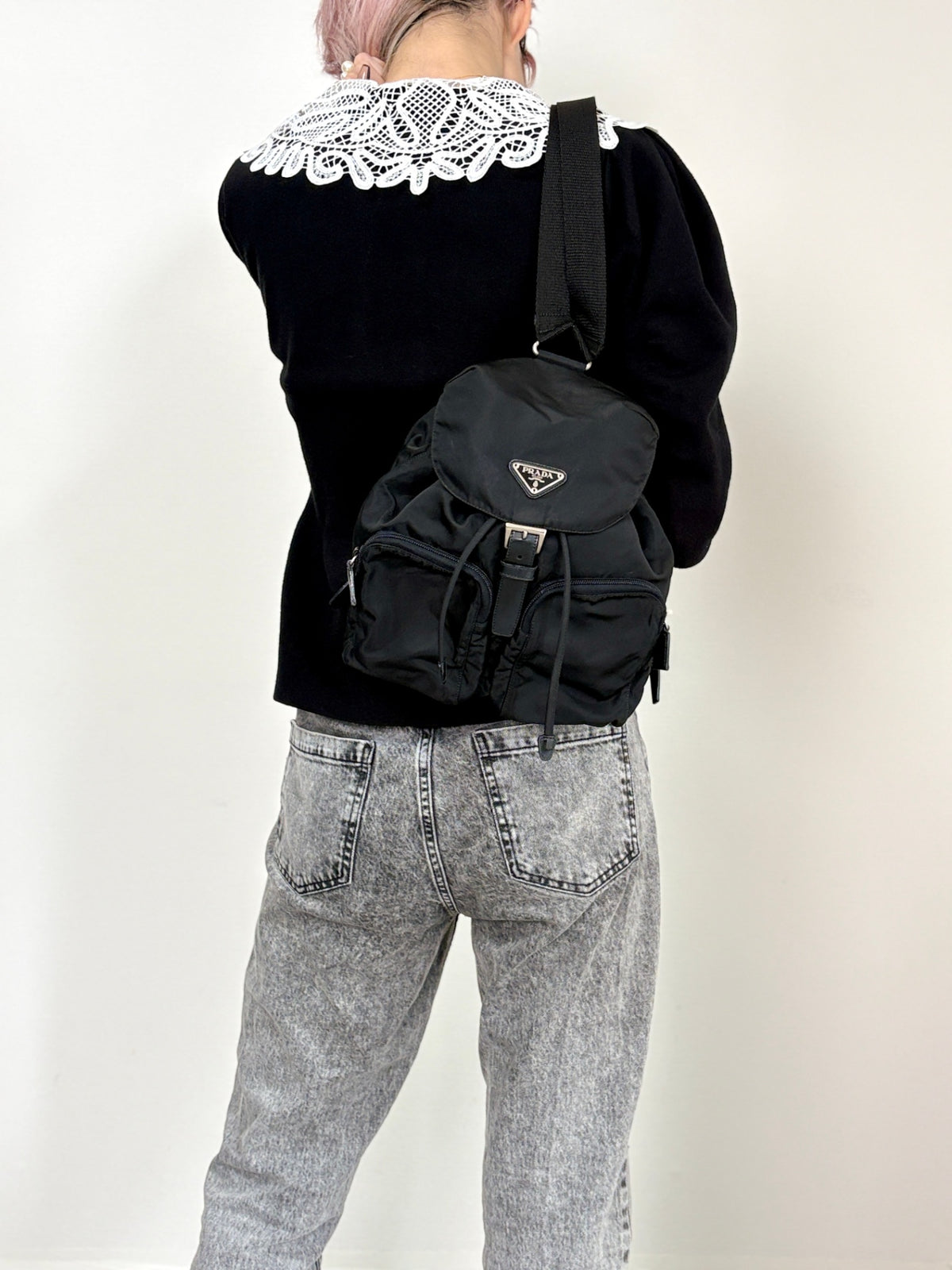 PRADA Tessuto Triangle Logo Double Pocket Backpack Black Vintage hspzjr