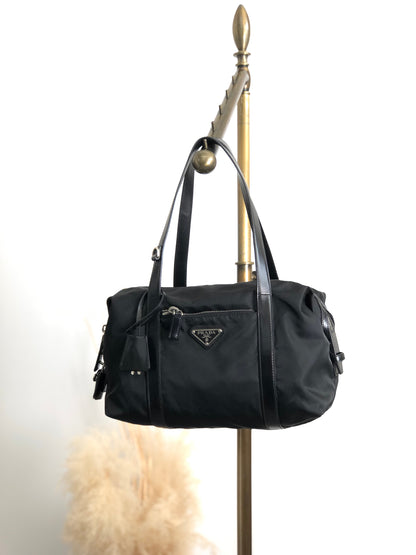 PRADA Tessuto Triangle Logo Small Boston bag Handbag Black Vintage kg2zxs