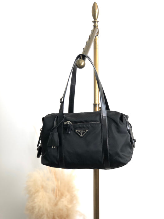 PRADA Tessuto Triangle Logo Small Boston bag Handbag Black Vintage kg2zxs