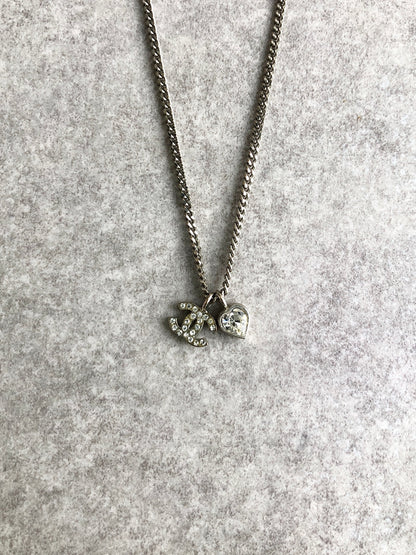 CHANEL Coco Mark Rhinestone Necklace Silver Vintage udsh45