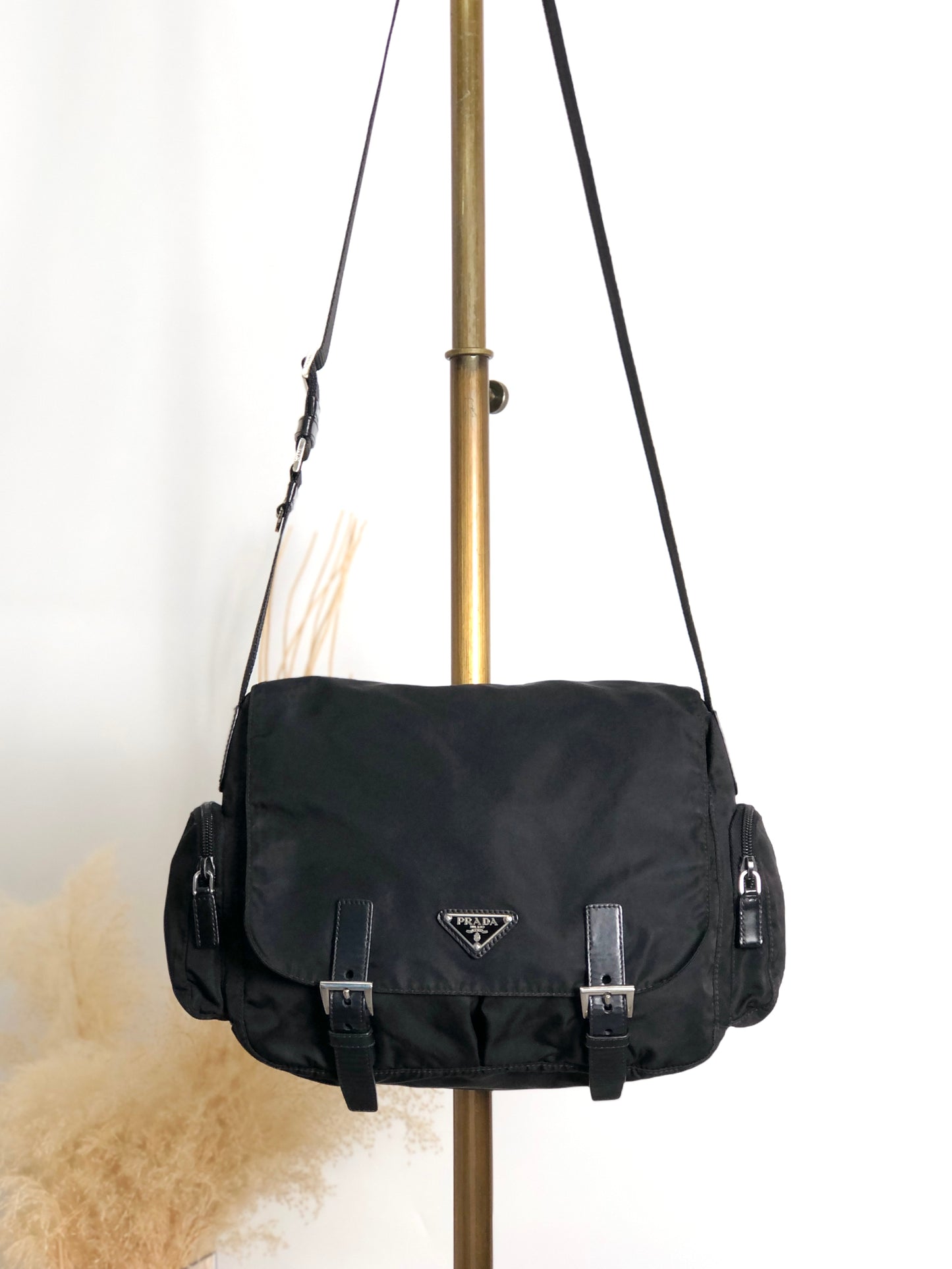 PRADA Tessuto Triangle Logo Side Pocket  Shoulder bag Black Vintage kedmv3