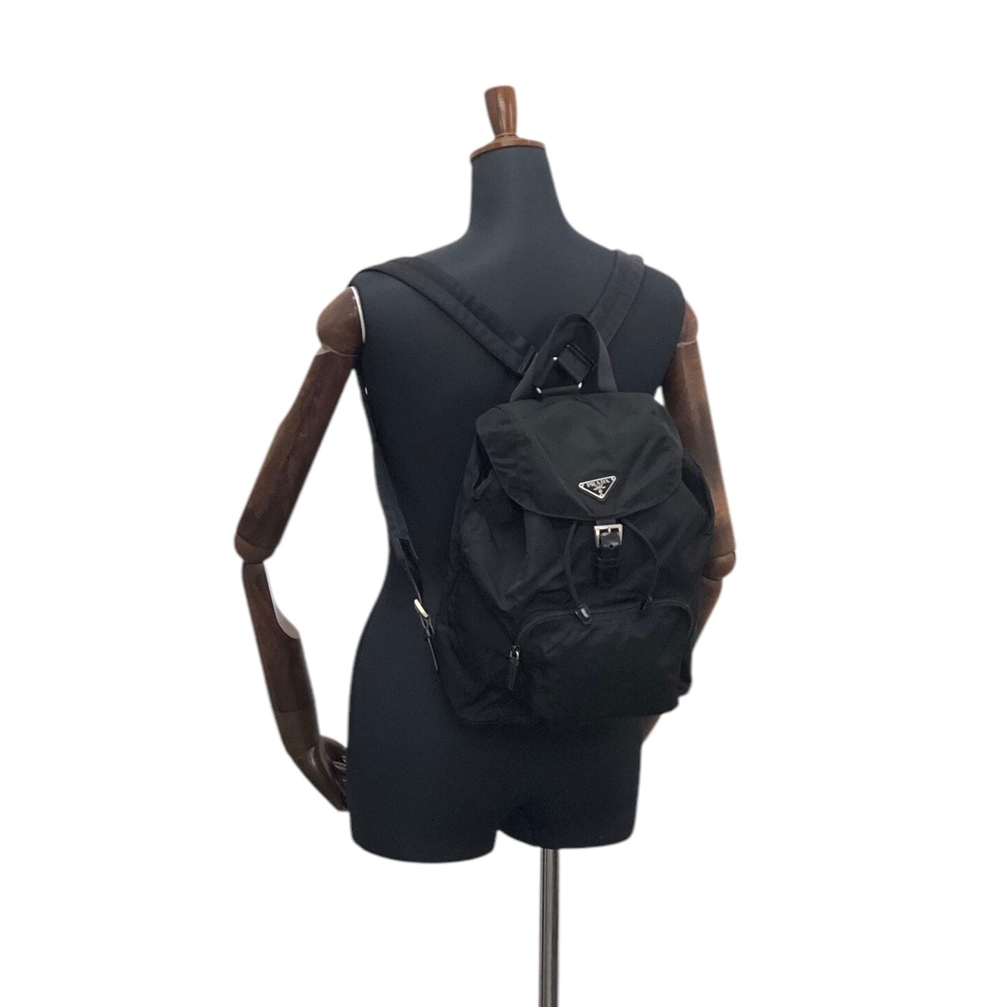 PRADA Tessuto Triangle Logo Front Buckle Backpack Black Vintage 554w4r