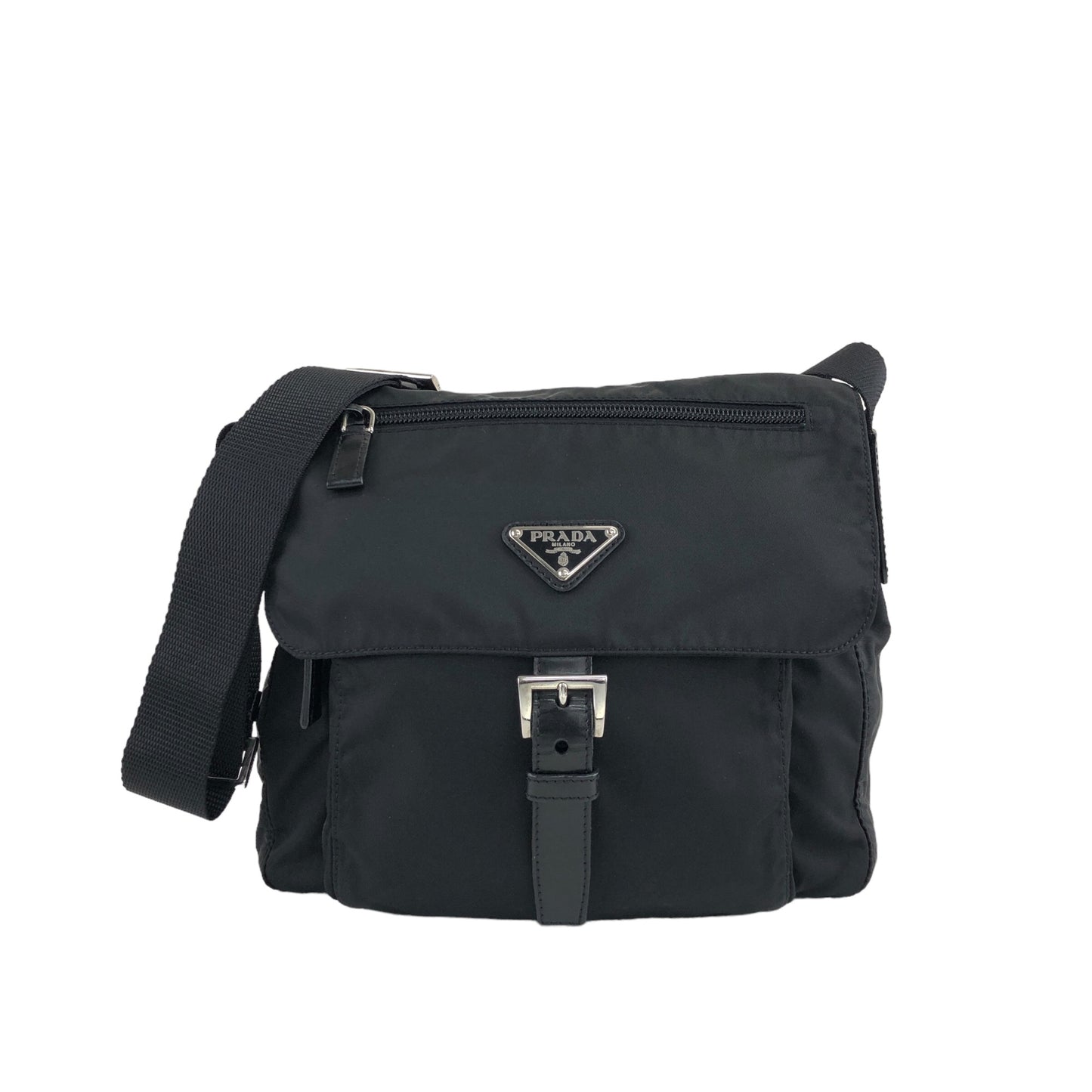 PRADA Triangle Logo Front Buckle Shoulder bag Black Vintage askzu2