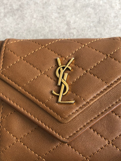 SAINT LAURENT PARIS YSL Logo Trifold Wallet Brown Vintage 2d43kh